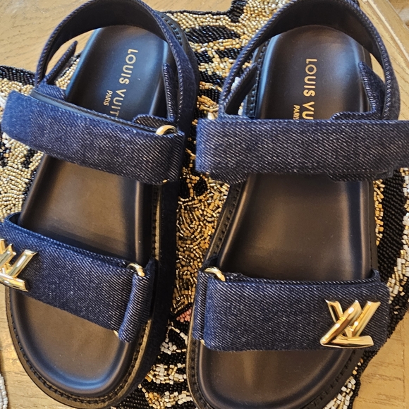 Louis Vuitton Navy Denim Logo Slide Sandals with Gold Hardware - Picture 3 of 10